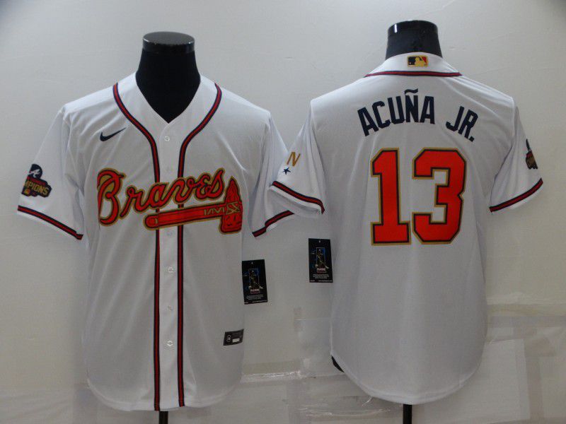 Men Atlanta Braves 13 Acuna jr White Gold Game Nike 2022 MLB Jersey